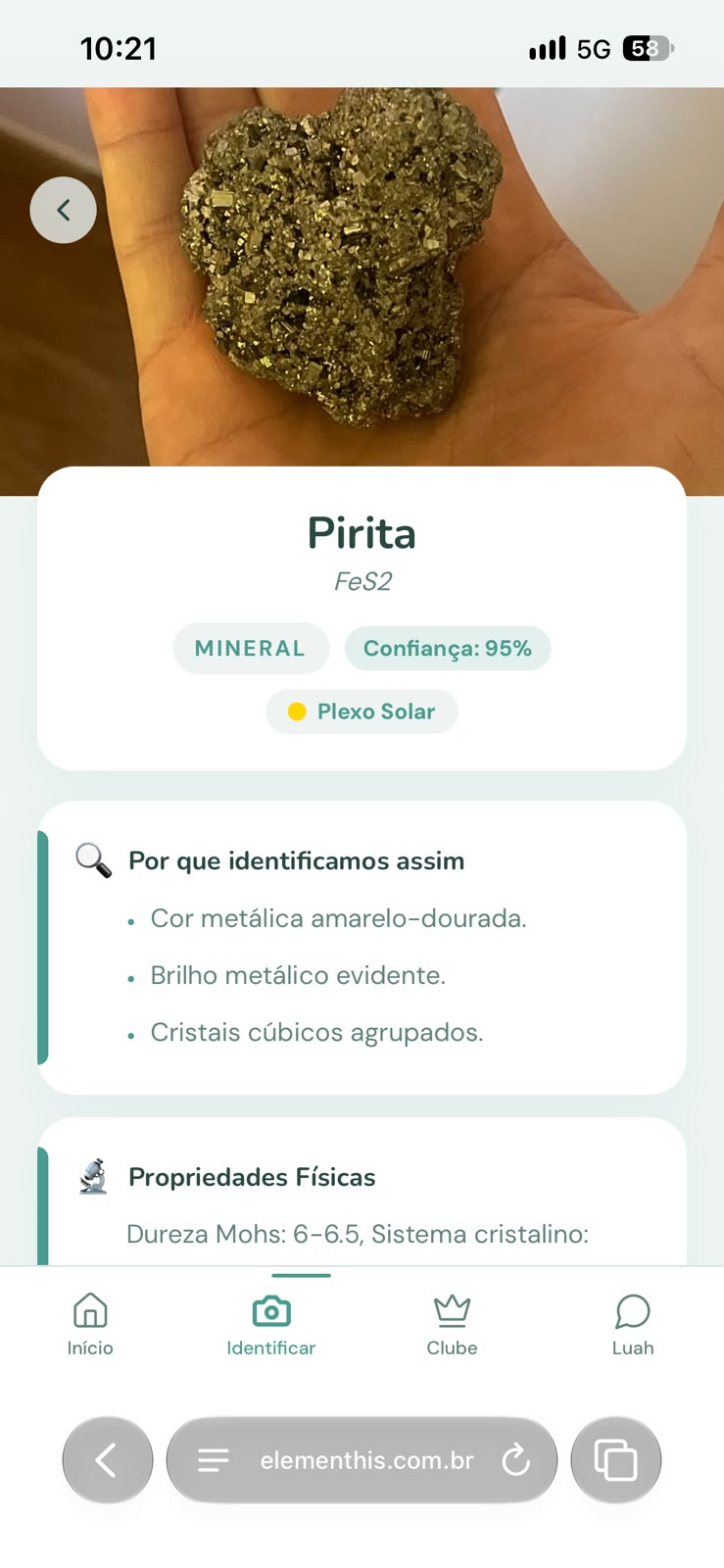 Resultado da identificação com chakra e propriedades